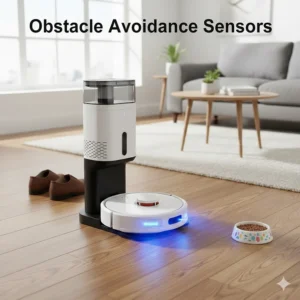 Close-up of infrared sensors on a robot vacuum detecting and avoiding shoes and pet bowls.