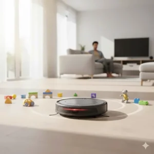 Smart robot vacuum avoiding scattered toys on the floor using infrared sensors.