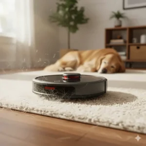 Best robot vacuum under $500 for pet hair removing golden retriever fur from a low-pile rug.