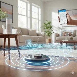 Digital illustration of a robot vacuum's laser sensors mapping a floor plan for Alexa routines.