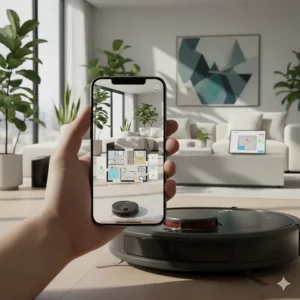 A smartphone screen displaying a 3D floor plan generated by a robot vacuum with smart mapping.