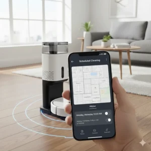 A smartphone interface showing a scheduled cleaning session for a self-emptying robot vacuum.