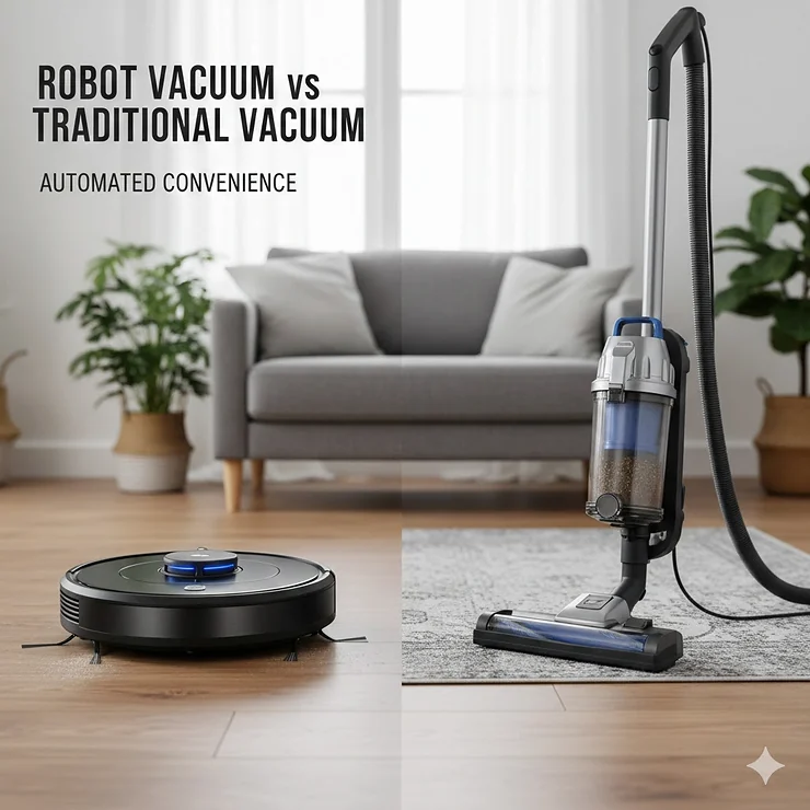 A side-by-side comparison of a modern robot vacuum and a classic upright traditional vacuum on a hardwood floor. robot vacuum vs traditional vacuum