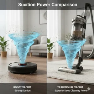 Illustration showing the difference in suction power between a high-performance traditional vacuum and a compact robot vacuum.