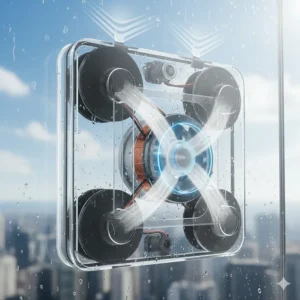 Illustration showing the powerful vacuum suction motor that keeps a robot window cleaner attached to glass.