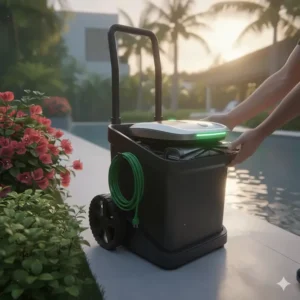 A robotic pool cleaner sitting on a transport caddy for easy storage and protection.