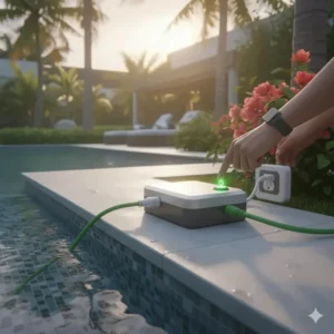 Illustration showing the simple plug-and-play power supply setup for a robotic pool vacuum.