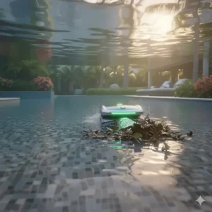 A robotic pool cleaner vacuuming leaves and acorns from the bottom of a backyard pool.