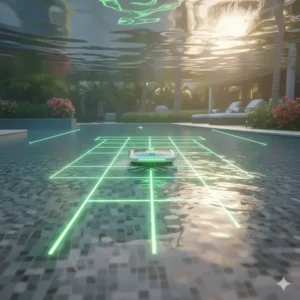 Diagram showing a robotic pool cleaner using smart navigation technology to map a pool floor.