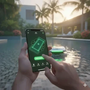 A user controlling a robotic pool cleaner schedule using a mobile smartphone app.
