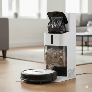 An automatic dirt disposal base storing pet hair and debris from a Roomba vacuum.
