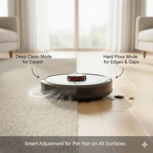 A diagram showing how a Roomba adjusts its cleaning head for pet hair on both carpet and tile.