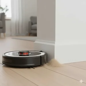 A Roomba side brush pulling pet hair out of wall corners and floor edges.