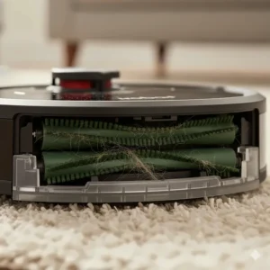 Dual multi-surface rubber brushes on a Roomba designed to prevent pet hair tangles.