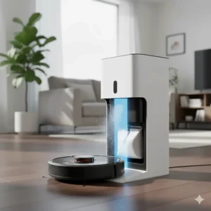 A 3D illustration of a robot vacuum returning to its self-emptying charging dock located on a clean hardwood floor.