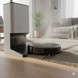 A modern wifi robot vacuum docked at a self-emptying base station for automatic dust disposal.