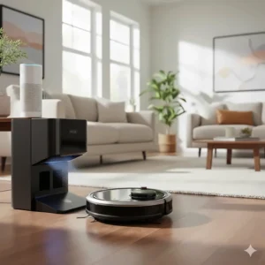 An illustration of an automated robot vacuum docking at a self-emptying base station.