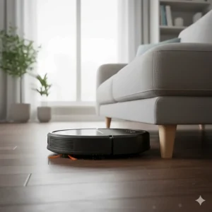A side-view illustration of a slim robot vacuum cleaner sliding under a low-clearance wooden sofa to clean hard-to-reach areas.
