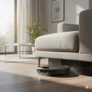 Low-profile robot vacuum cleaner sliding under a couch to reach hidden dust and debris.