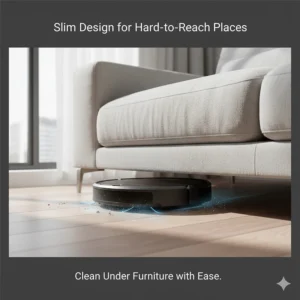 A slim-profile robot vacuum sliding easily under a low-clearance apartment sofa to clean hard-to-reach dust.