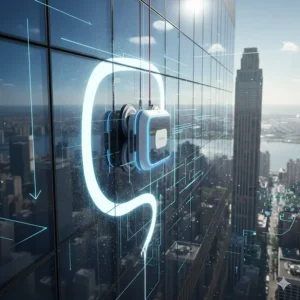 An illustration of a robot window cleaner following an S-shaped intelligent path to ensure full glass coverage.