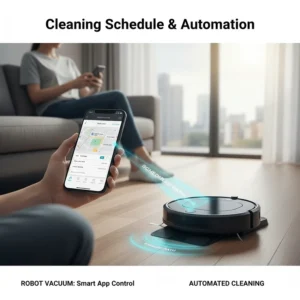 A person using a smartphone app to set an automated cleaning schedule for their robot vacuum.