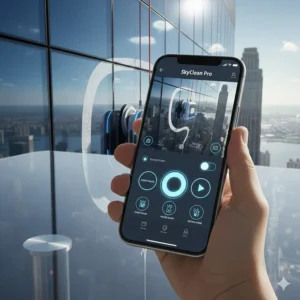 A hand holding a smartphone using a mobile app to remotely control a smart robot window cleaner.