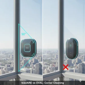 A side-by-side comparison illustration of square and oval-shaped robot window cleaners for corner cleaning.