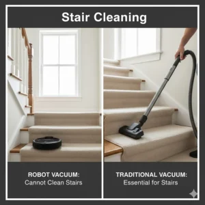 A traditional corded vacuum being used to clean carpeted stairs, a task difficult for most robot vacuums.