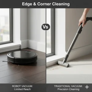 Using a crevice tool attachment on a traditional vacuum to clean deep into room corners and baseboards.