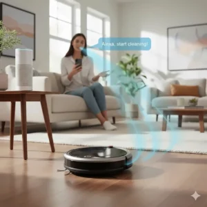 An illustration showing a person using voice commands to start an alexa compatible robot vacuum.