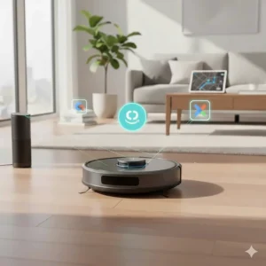 Icons representing Alexa and Google Assistant connecting to a wifi robot vacuum for hands-free cleaning.