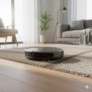 A wifi-enabled robot vacuum transitioning seamlessly from a wooden floor to a thick area rug.