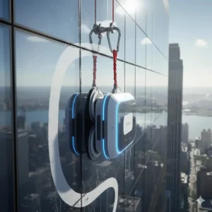 Close-up illustration of a safety tether and carabiner secured to a robot window cleaner for fall prevention.