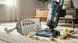 Comparison graphic showing high-performance features found in upright vacuums priced under $300.