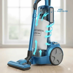 Internal diagram of a bagged upright vacuum showing how air filters through a multi-layer dust bag to trap allergens.