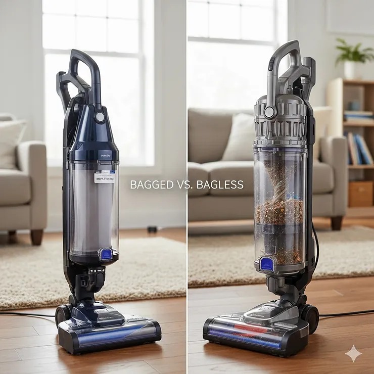 A side-by-side comparison of a bagged vs bagless upright vacuum cleaner highlighting the structural differences.
