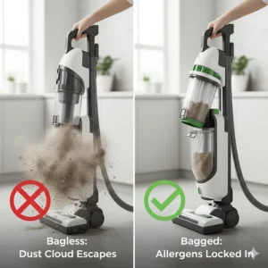 Comparison showing how bagged vacuums prevent dust clouds from escaping during disposal.