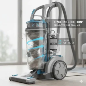 Illustration of cyclonic separation technology in a bagless upright vacuum showing dirt swirling into a transparent bin.