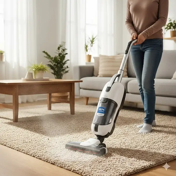 A person using a premium bagged upright vacuum for allergies on a plush carpet to remove pet dander and dust.