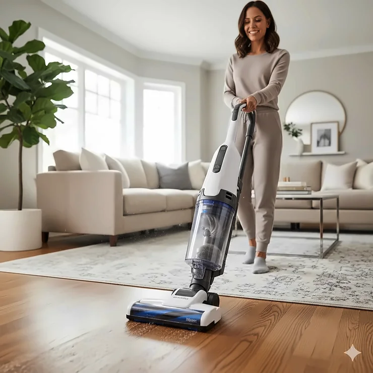 A powerful bagless upright vacuum cleaner being used on a modern hardwood floor and area rug.