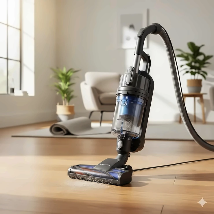 A high-quality bagless upright vacuum being used on polished oak hardwood floors. bagless upright vacuum for hardwood floors