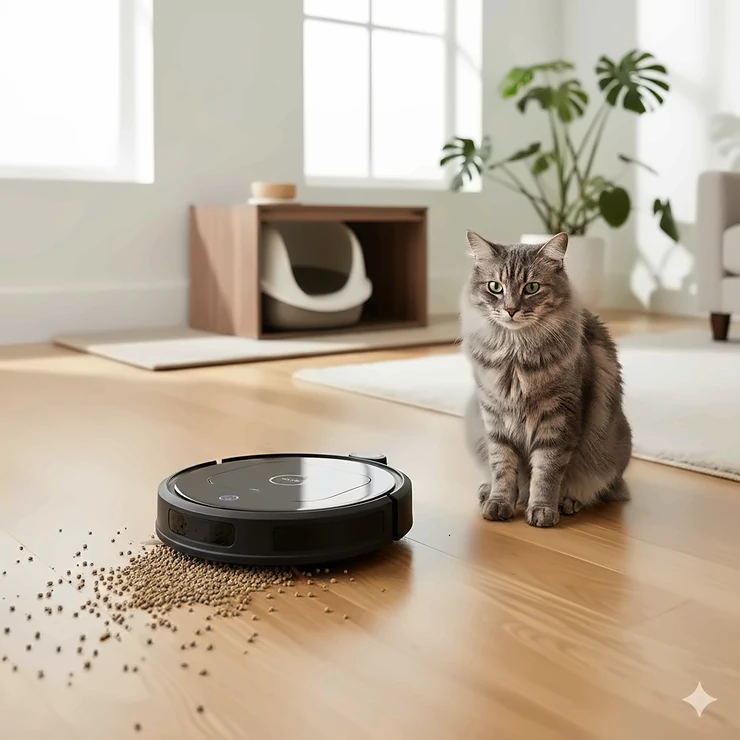 A modern robot vacuum cleaning scattered clay cat litter on a hardwood floor next to a cat. robot vacuum for cat litter