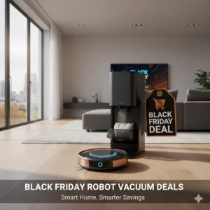 An illustration of a robot vacuum docking into a self-emptying base with a discount tag.