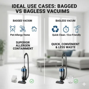 Illustration showing why bagged vacuums are better for allergy sufferers while bagless models offer convenience and less waste.