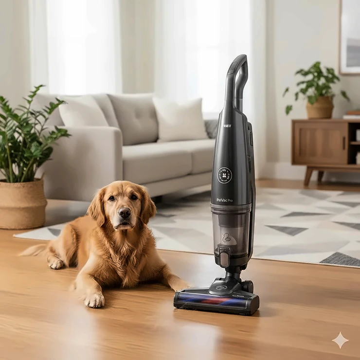 A high-performance upright vacuum cleaner standing on a polished hardwood floor next to a Golden Retriever. upright vacuum for pet hair and hardwood floors
