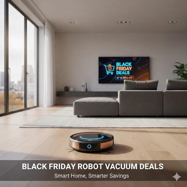 A high-end robot vacuum cleaning a modern living room floor with a Black Friday promotional banner. black friday robot vacuum deals
