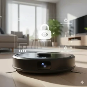 Close-up of a camera-based robot vacuum lens illustrating data privacy and visual mapping security.