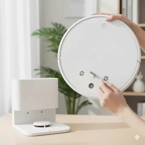 Illustration showing the location of charging contacts on a robot vacuum and how to keep them debris-free.