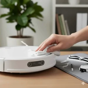 A visual guide on using a microfiber cloth to wipe robot vacuum cliff sensors and prevent navigation errors.